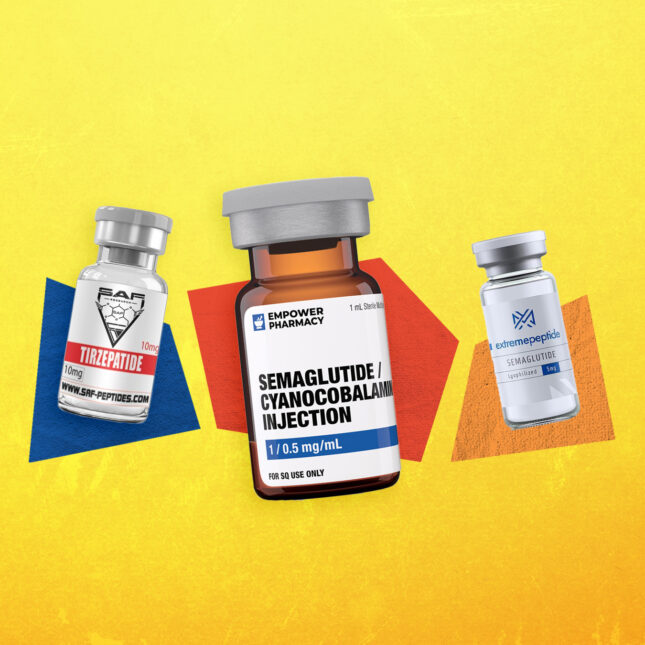 Photo illustration of bottles of semaglutide products