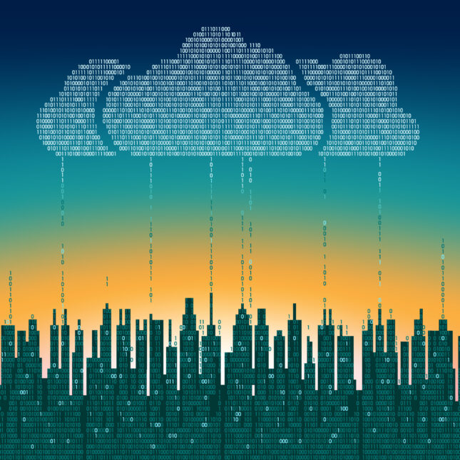 A cluster of clouds illustrated by 0s and 1s floats over a cityscape also illustrated by 0s and 1s. Numbers float up towards the clouds, representing medical data.