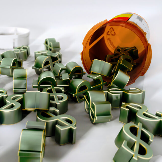 3D dollar signs come out of a prescription drug bottle — coverage from STAT