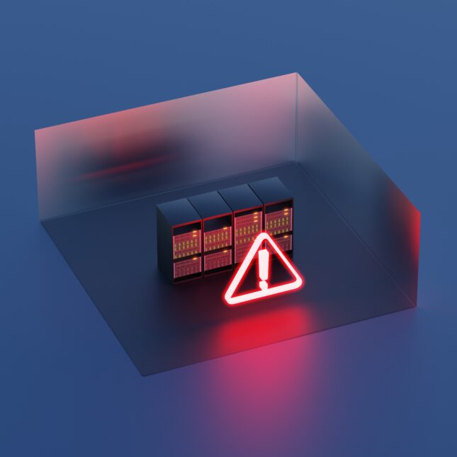 In a 3D environment with a plane and two walls, four servers line up and are blocked by a triangle warning sign lit up in red — health tech coverage from STAT