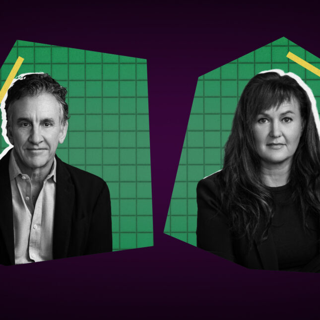 Photo illustration of two people Kiersten (right) with long hair and a blazer and John wearing a button down collar shirt, against a green and dark purple background.