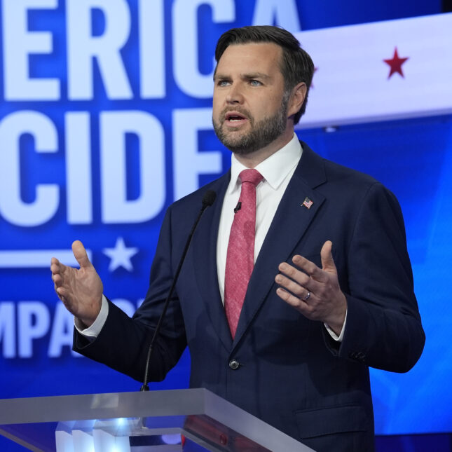 Republican vice presidential nominee Sen. JD Vance, R-Ohio, speaks during a vice presidential debate -- health policy coverage from STAT