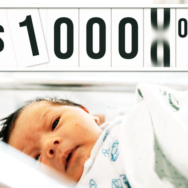 A stock photo of a newborn baby in a hospital bassinet with a large price display superimposed above with the number $10,000