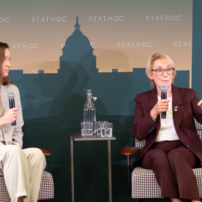 Senator Maggie Hassan speaks with STAT reporter Rachel Cohrs at an event in Washington, DC, Sept. 26, 2024