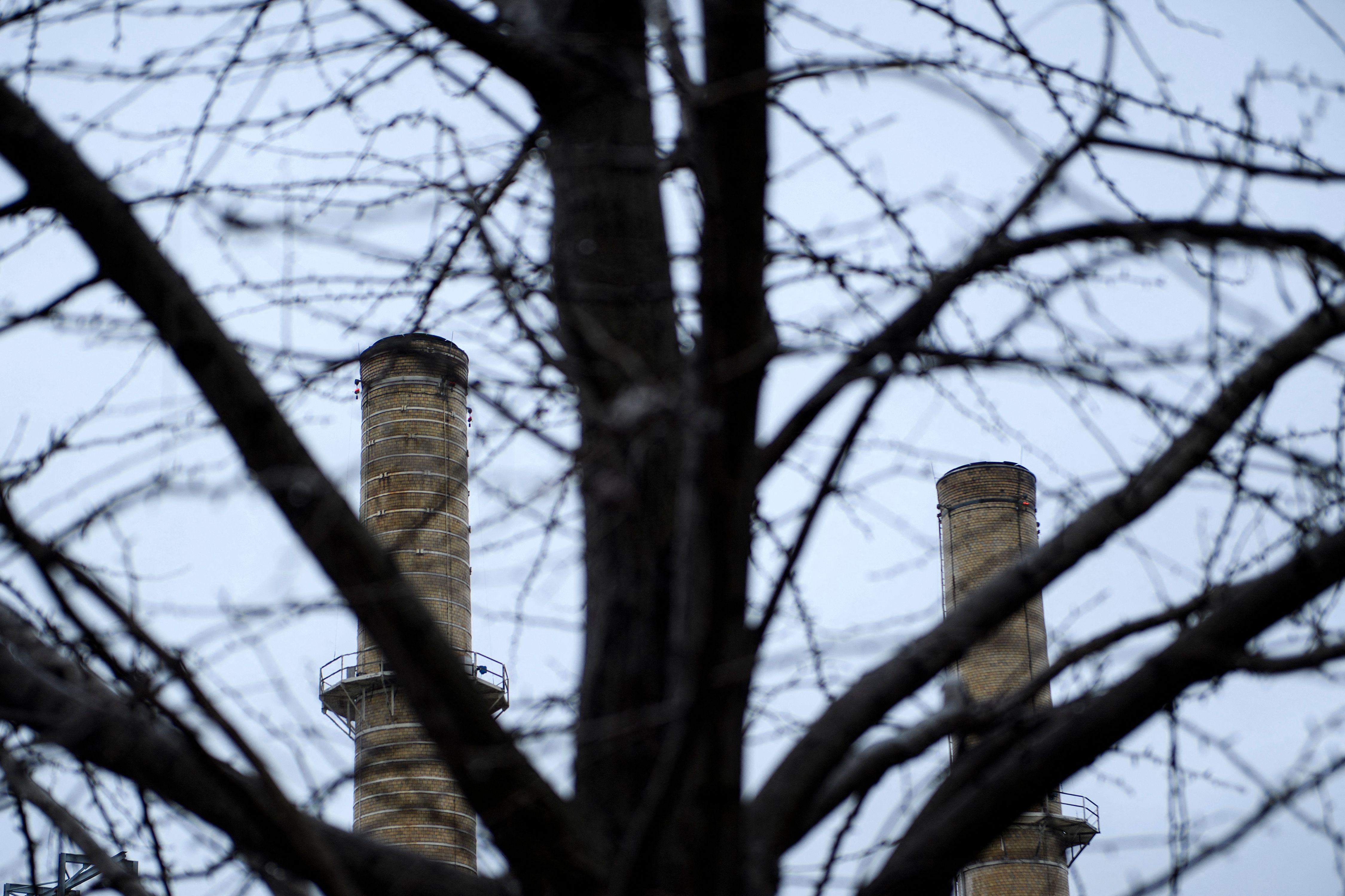 A photo of smokestacks seen through tree branches. -- health coverage from STAT