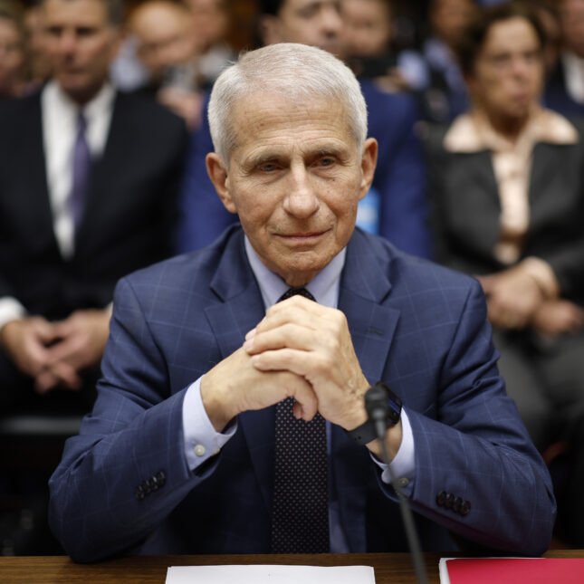 Dr. Anthony Fauci, former Director of the National Institute of Allergy and Infectious Diseases, holds his hands while testifying at a hearing