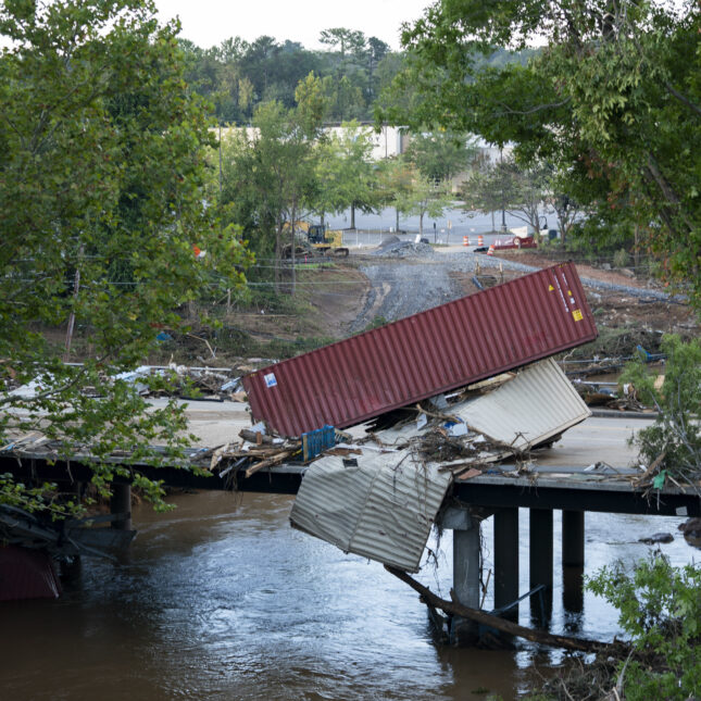 Flood damage is strewn across a road in the aftermath of Hurricane Helene. -- coverage from STAT