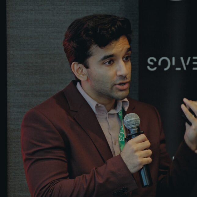 In this still photo from the documentary "The Pitch" Reetam Ganguli pitches his machine learning startup, Elythea, at the 2023 MIT Solve Challenge Finals.