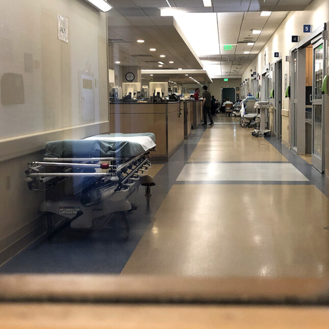 A photograph of The emergency room at Good Samaritan Hospital, one of eight Massachusetts hospitals in the Steward Health Care network. On one night, there were 101 patients in the emergency department with only six nurses to care for them.