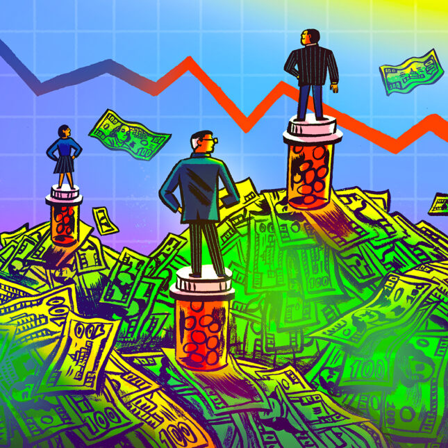 colorful illustrations of people in suits standing on prescription bottles looking at a stock ticker