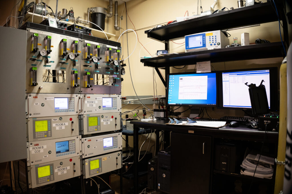 Gas analyzers measure the concentration of oxygen and carbon dioxide from three metabolic chambers at the National Institutes of Health’s Metabolic Clinical Research Unit on Aug. 14, 2024, in Bethesda, Maryland. One of the chambers is part of a study led by Principal Investigator Kevin Hall, comparing participants’ energy metabolism in response to ultra-processed versus unprocessed foods.